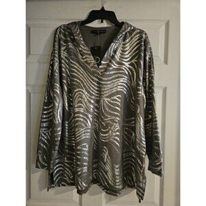 Fred David Women's Hooded Top Size 2X NWT Grey With Silver Accents Zebra Gray